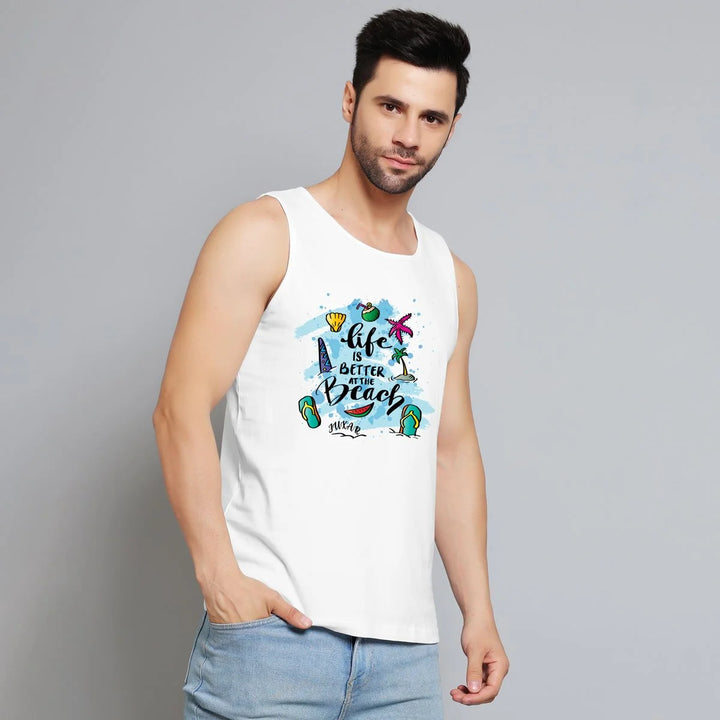 Juxar men's white tank top with colorful summer vacation beachwear graphic print