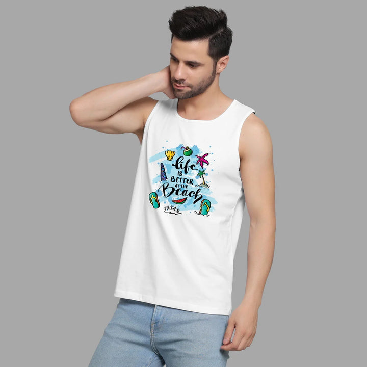 Juxar men's white sleeveless shirt with beach graphic and text, perfect summer vacation beachwear