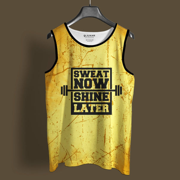 Juxar yellow summer vest for men with black trim and motivational workout slogan graphic