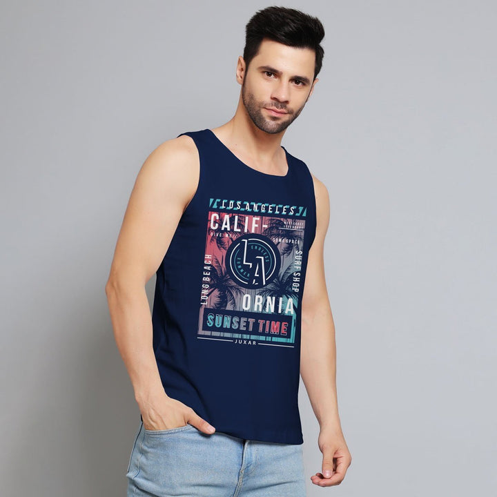 Juxar mens sunset graphic tank top in navy blue with California sunset design and casual fit