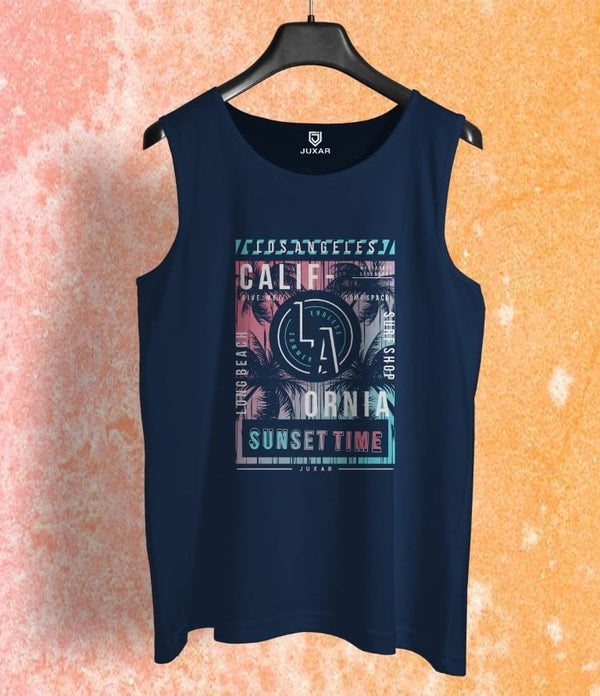 Juxar mens navy blue sunset graphic tank top with California and sunset time print