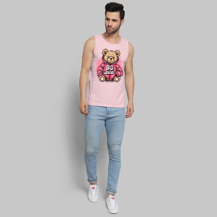 Juxar mens pink sleeveless teddy sando with bear graphic paired with light blue jeans and white sneakers