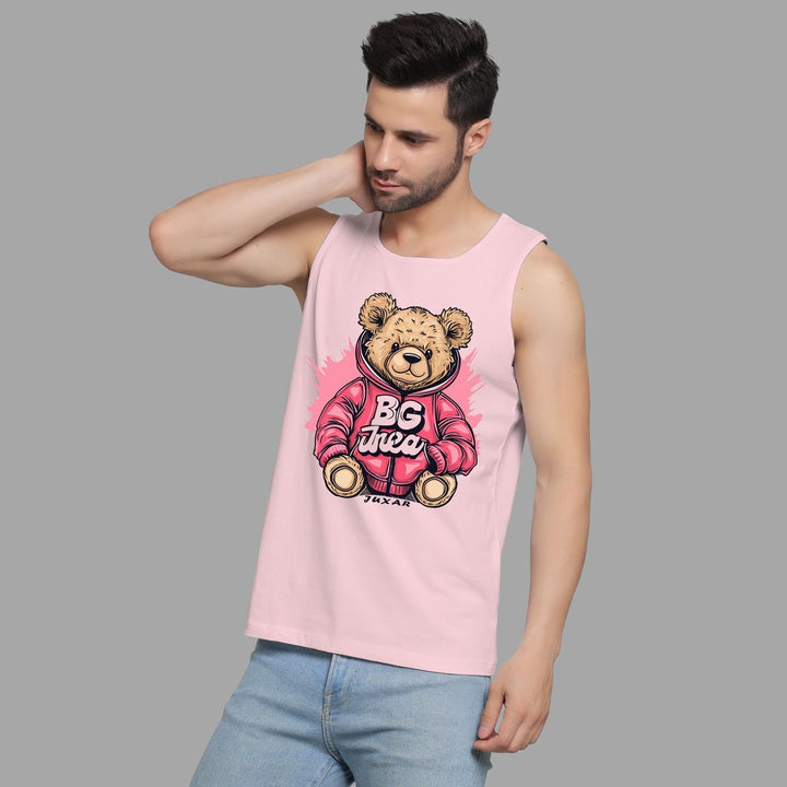 Juxar mens pink teddy sando tank top with teddy bear graphic and BG area text