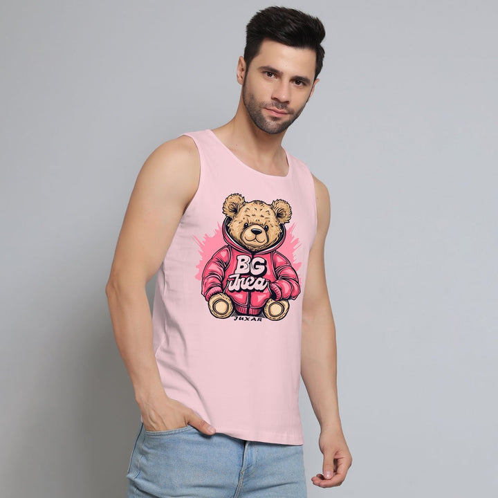 Juxar mens pink sleeveless teddy sando with cartoon teddy bear graphic and BG Juicy text
