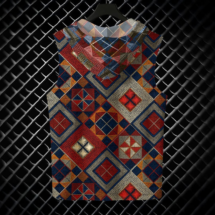 Juxar mens sleeveless teen gym hoodie with multicolor geometric patchwork design