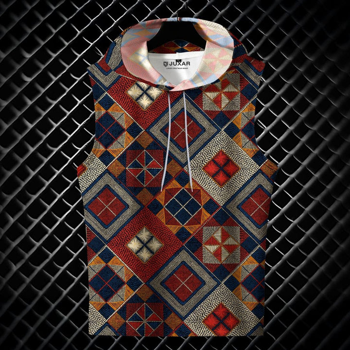 Juxar men's sleeveless teen gym hoodie with colorful geometric pattern and adjustable hood strings