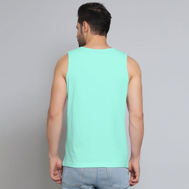 Juxar mens theater mask print muscle tee in solid light blue shown from back