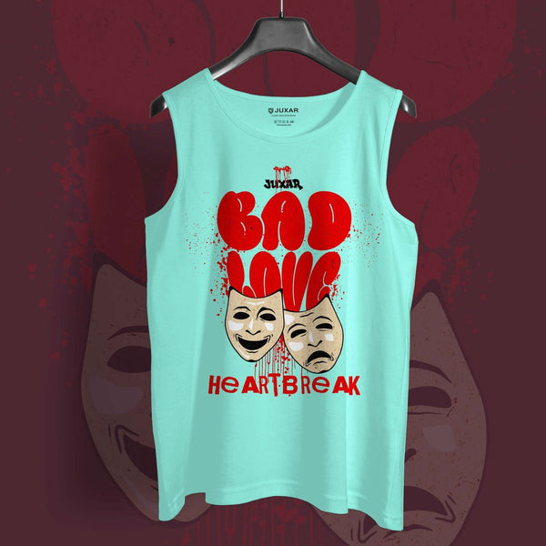 Juxar men's theater mask print muscle tee with bad love heartbreak design in red on light blue