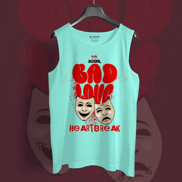Juxar men's theater mask print muscle tee with bad love heartbreak design in red on light blue