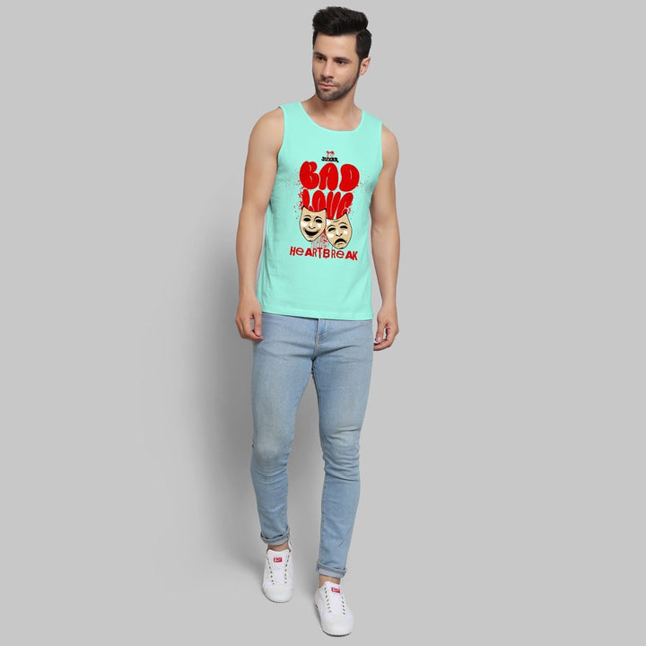 Juxar men's theater mask print muscle tee in light blue with red graphic design