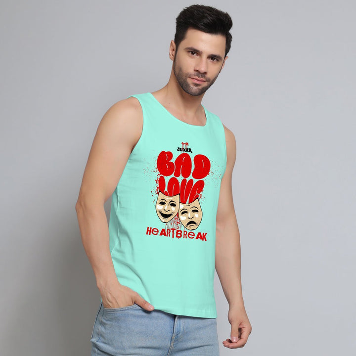 Juxar mens theater mask print muscle tee in light blue with bold red bad love graphic