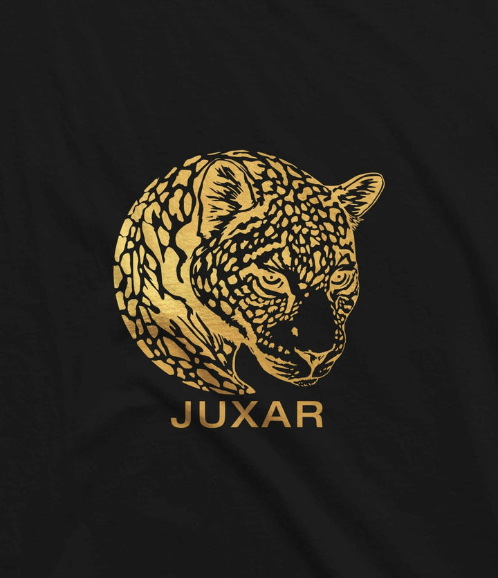 Juxar funky cotton longline tee black with gold leopard head graphic and JUXAR logo