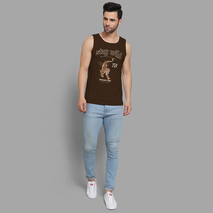 Juxar mens tiger print muscle shirt in brown with stay wild graphic and light blue jeans