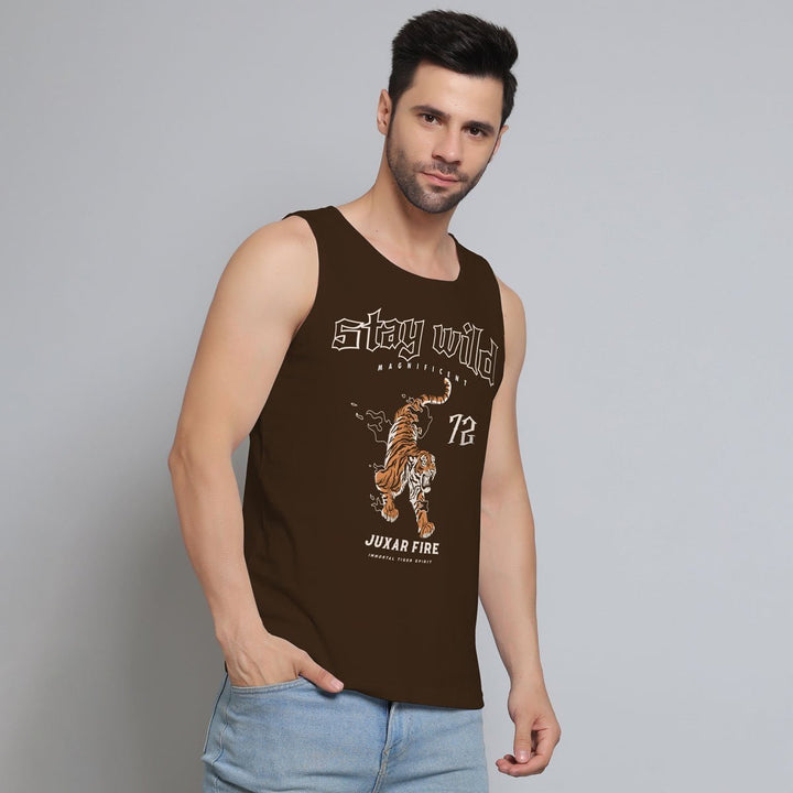 Juxar mens tiger print muscle shirt in brown with Stay Wild graphic design