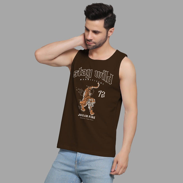 Juxar mens tiger print muscle shirt in brown with stay wild graphic and casual fit