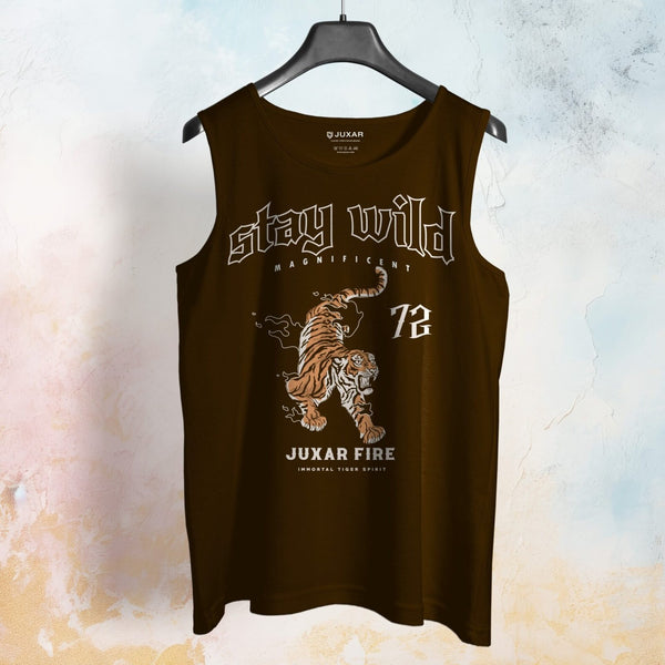 Juxar mens tiger print muscle shirt in black with stay wild graphic and tiger illustration