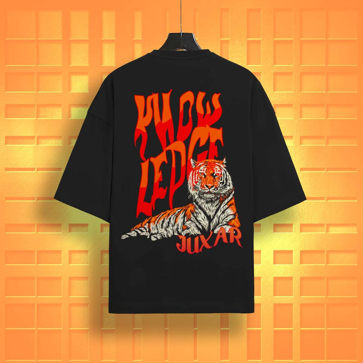 Juxar oversized black tiger print streetwear shirt with bold orange graphic design on back