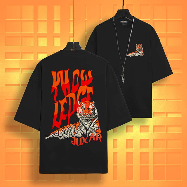 Juxar oversized tiger print streetwear shirt in black with bold orange tiger graphic on front and back