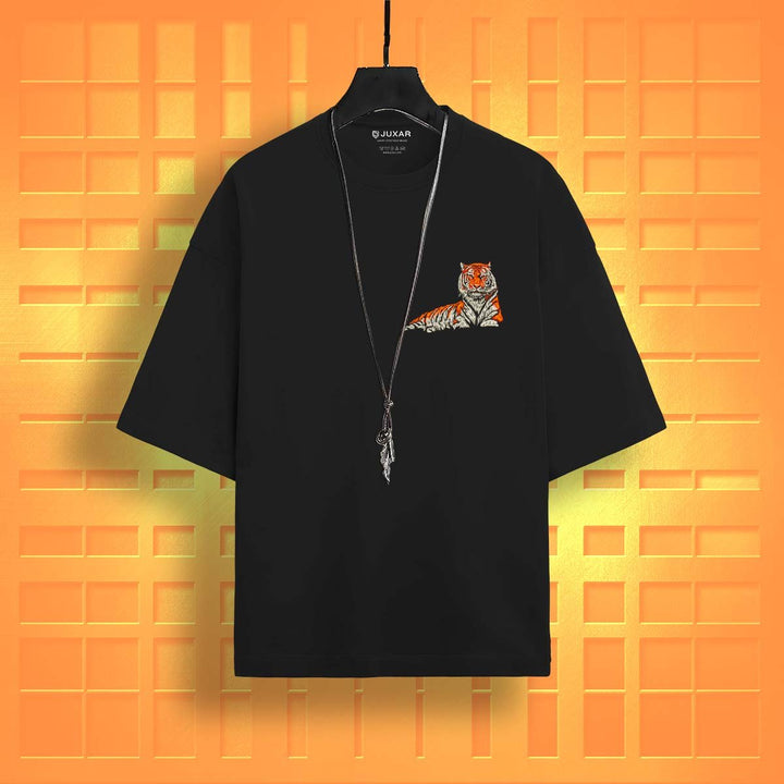 Juxar oversized black tiger print streetwear shirt with small tiger graphic on chest