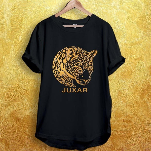 Juxar funky cotton longline tee black with gold jaguar print and relaxed oversized longline fit for casual streetwear