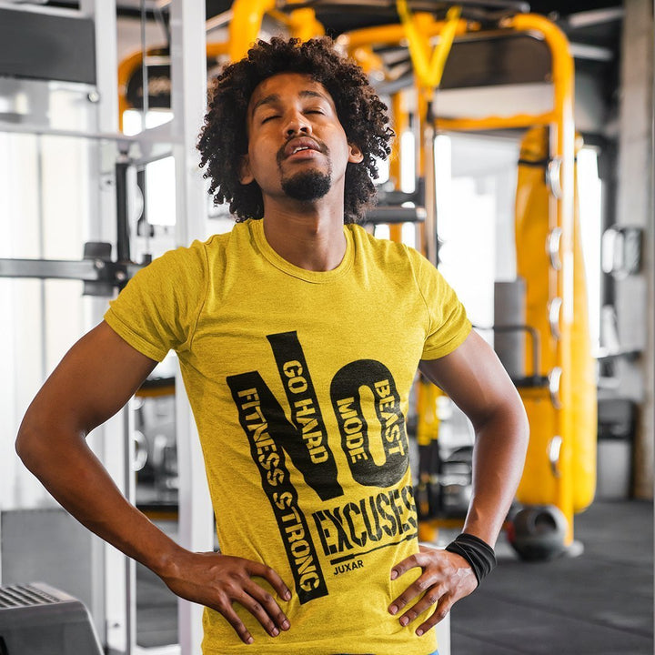 Juxar trending cotton t shirts for men in yellow with motivational text design worn at gym