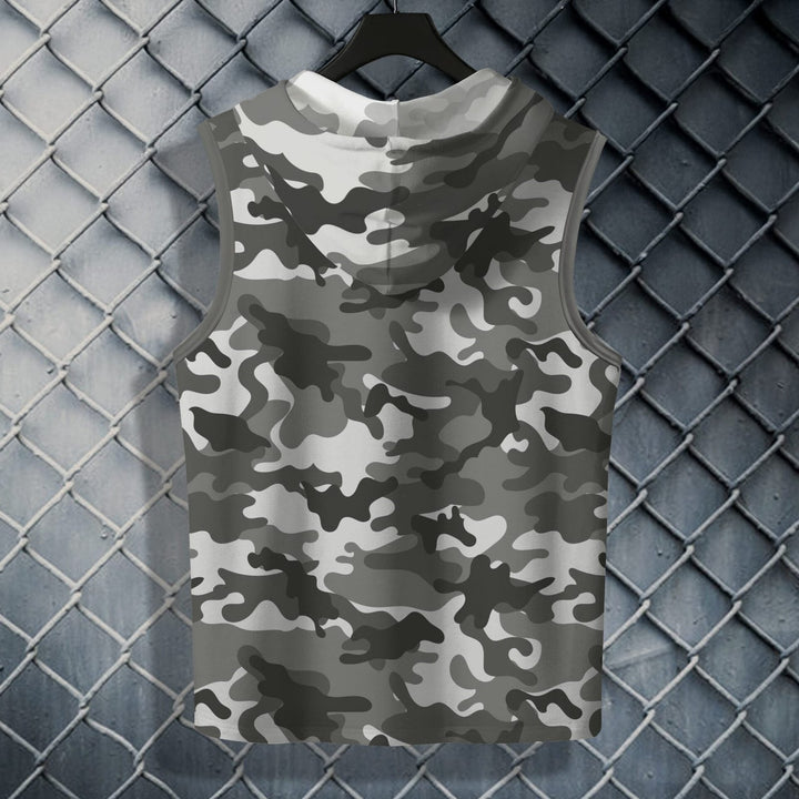 Juxar mens sleeveless hooded vest in grey camouflage print for trending gym wear