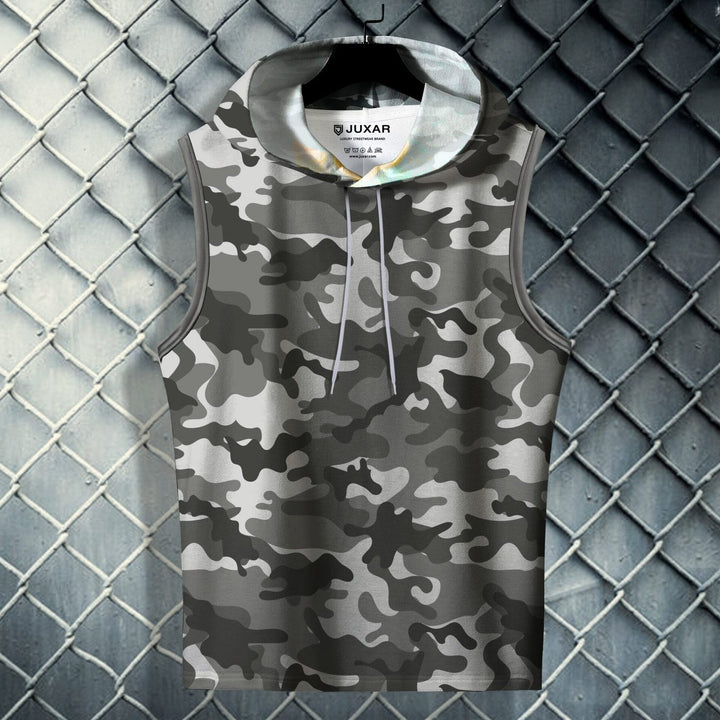 Juxar men's sleeveless hoodie in gray camo pattern, perfect trending gym wear for workouts