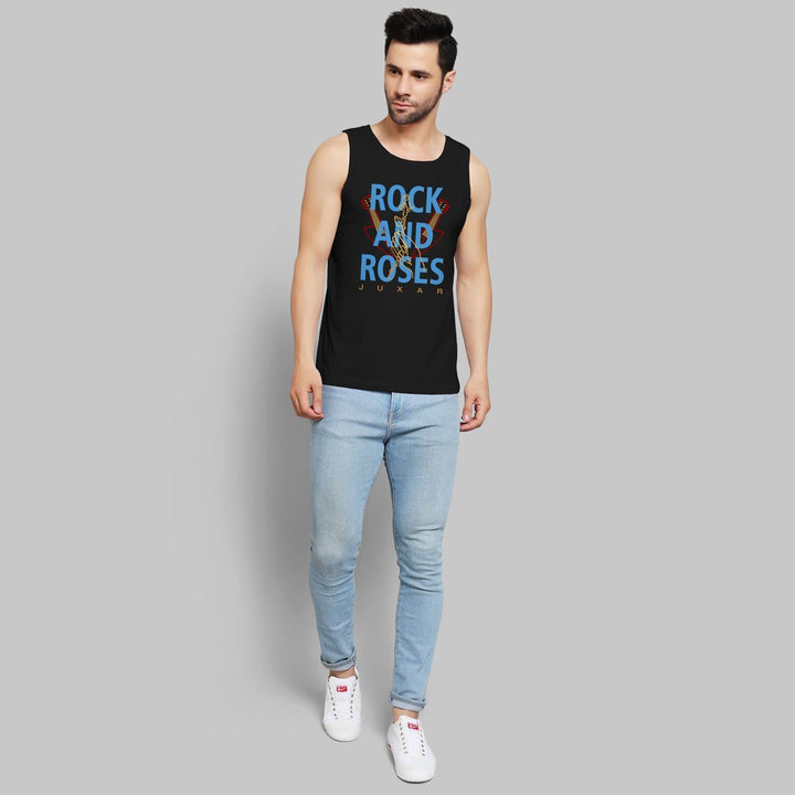 Juxar men's black tank top with rock and roses print trending sando for reels paired with light blue jeans