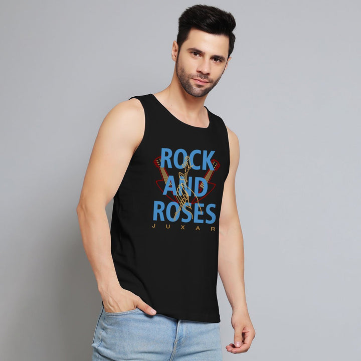 Juxar men's black sleeveless top with Rock and Roses print trending sando for reels