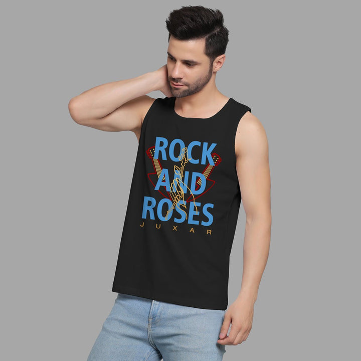 Juxar black sleeveless men's top with rock and roses print trending sando for reels