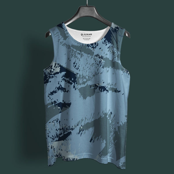 Juxar trendy gym sando for bodybuilders in blue and gray abstract pattern sleeveless tank