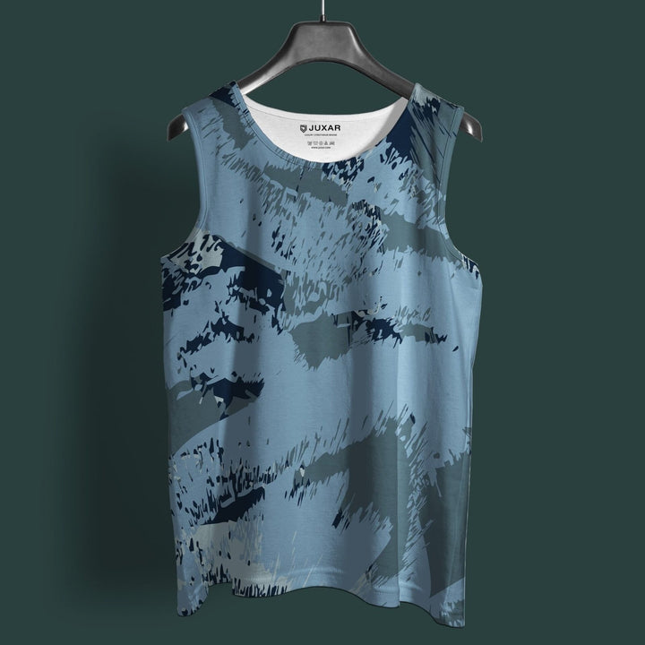 Juxar trendy gym sando for bodybuilders in blue and gray abstract pattern sleeveless tank
