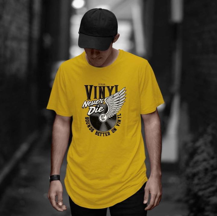 Juxar yellow cotton longline tee with vinyl record wing graphic on model wearing cap trendy longline t shirt