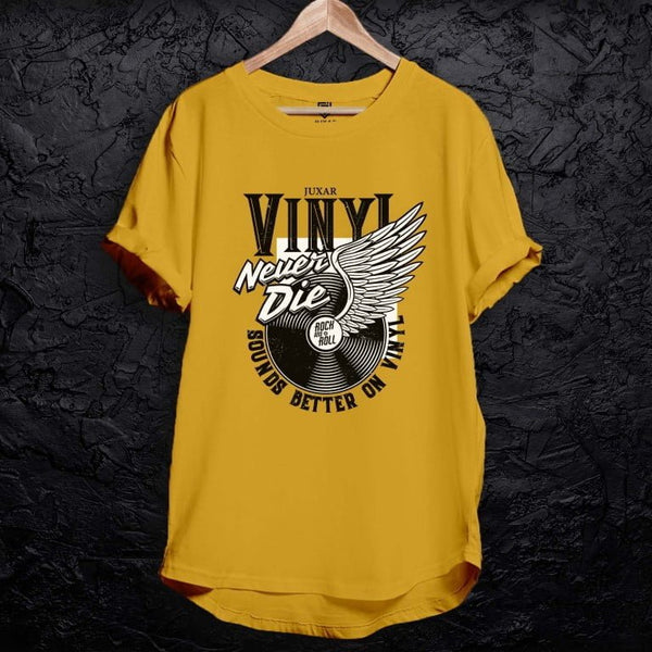Juxar mustard cotton longline tee with winged vinyl record graphic for casual streetwear trendy longline t shirt