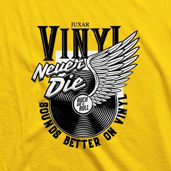 Juxar yellow cotton longline tee with black winged vinyl record graphic and Never Die text trendy longline t shirt