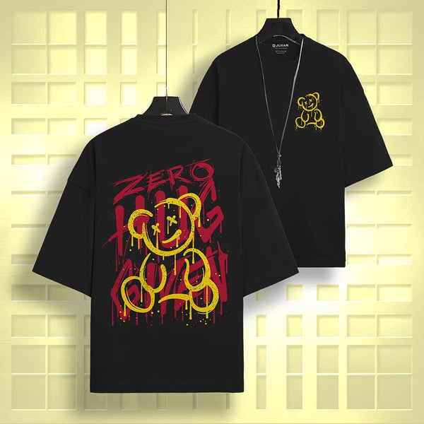 Juxar black trendy oversized cotton tee with yellow teddy bear graphic and red zero lettering