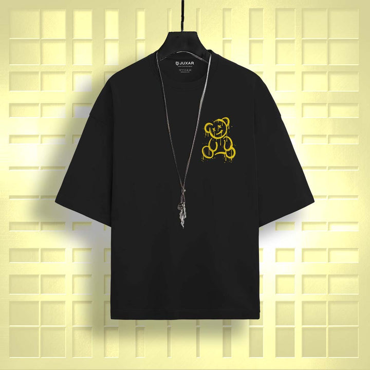 Juxar trendy oversized cotton tee black with yellow teddy bear graphic and silver necklace accessory