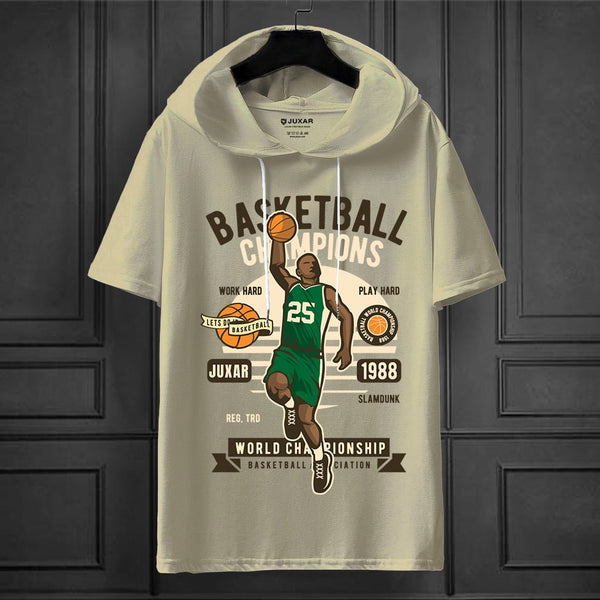 Juxar trendy oversized hooded t shirt beige with basketball champions graphic player dunking casual streetwear