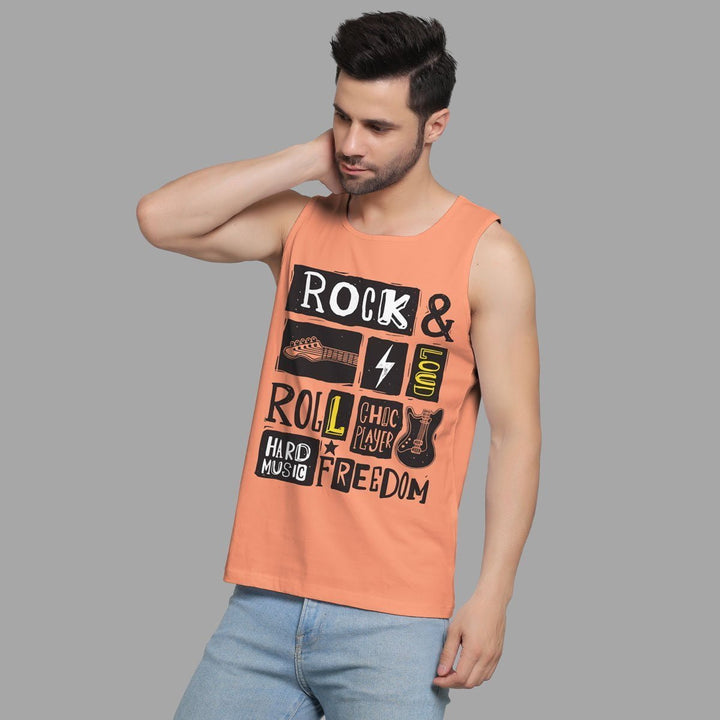 Trendy sando for men in orange with rock music graphic design and sleeveless style