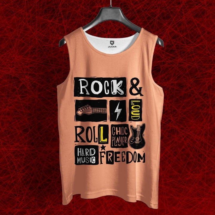 Juxar trendy sando for men in peach with rock and roll graphic print sleeveless tank top