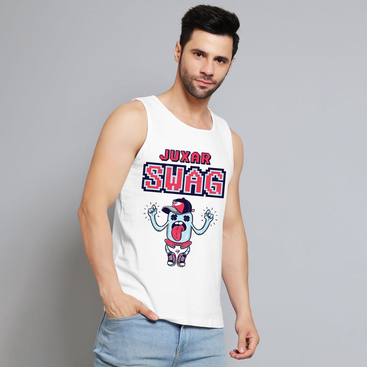 Juxar trendy unisex sando in white with graphic swag print worn by male model