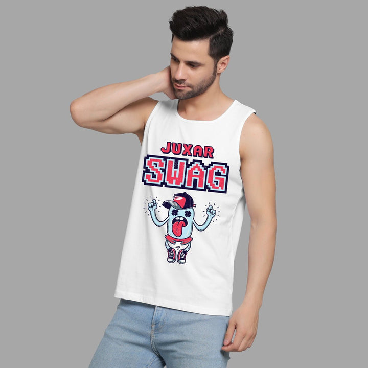 Juxar trendy unisex sando white tank top with colorful graphic print worn by man