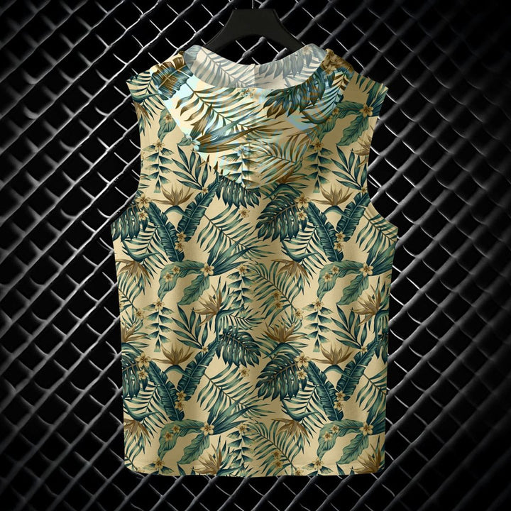 Juxar men's tropical print hooded sando with green and beige leaf pattern sleeveless design