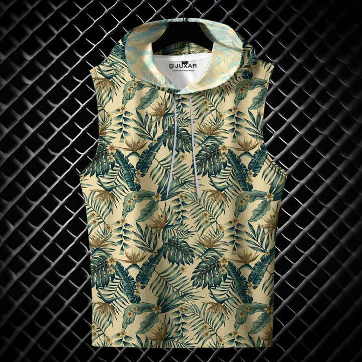 Juxar men's tropical print hooded sando with green leaf pattern on beige background