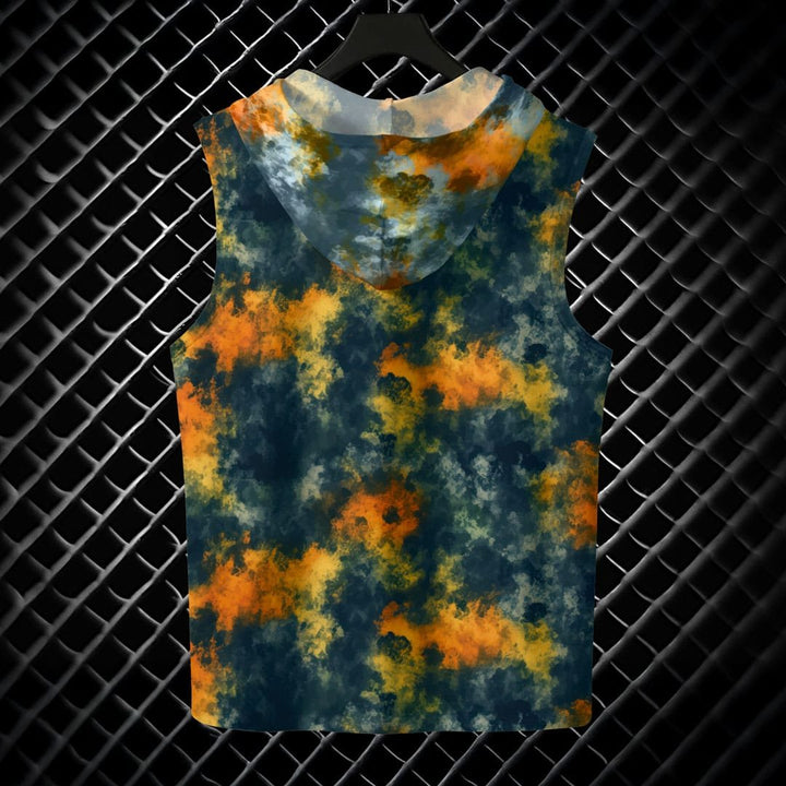 Juxar mens unisex gym hoodie sleeveless with orange and blue tie dye pattern on hanger