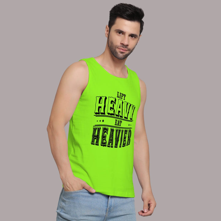 Juxar bright green vest mens sandos with black Lift Heavy Eat Heavier text worn by male model