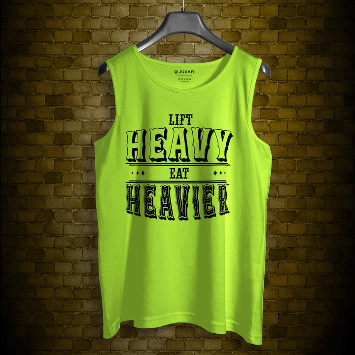 Juxar bright green vest mens sandos with Lift Heavy Eat Heavier black text design