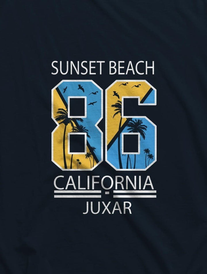 Juxar navy vintage cotton longline t shirt with Sunset Beach 86 California palm tree sunset graphic
