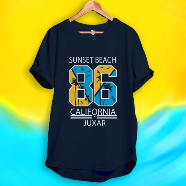 Juxar navy vintage cotton longline t shirt Sunset Beach 86 California graphic with palm trees