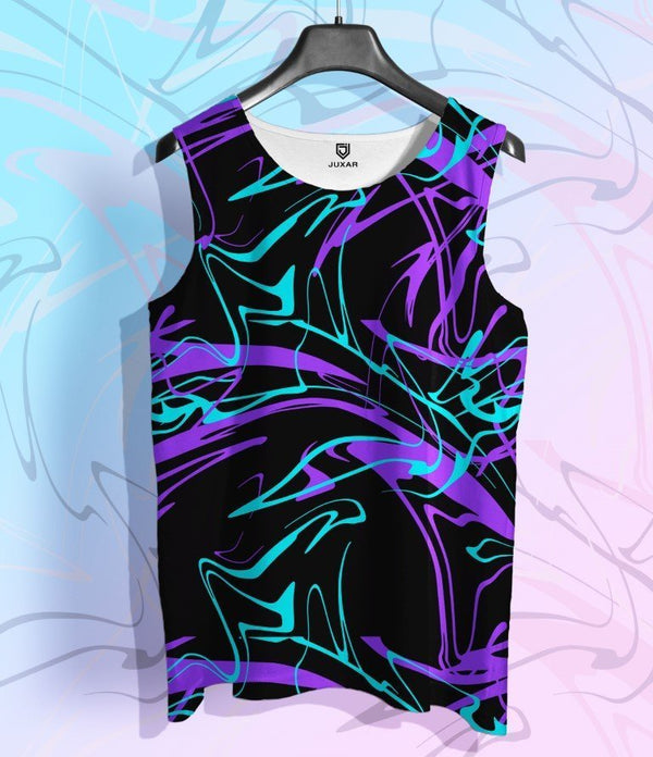 Juxar men's washable sleeveless tee with black base and blue purple abstract design